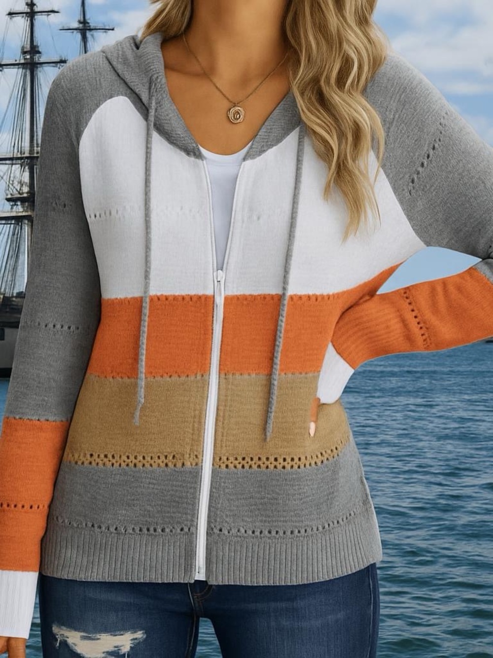 Colorblock Zip-Up Hoodie Sweatshirt withGray, White, Orange